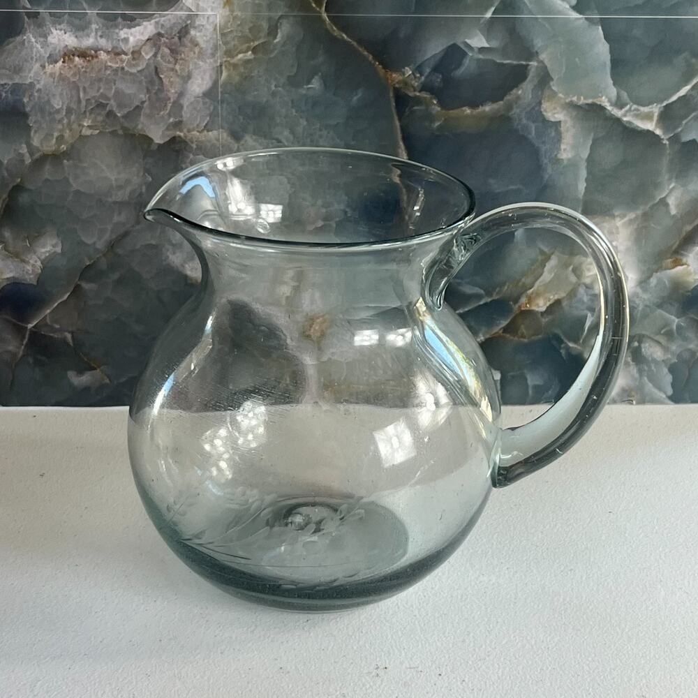 Hand Blown Mexican Clear Glass Margarita Pitcher With Handle 8"